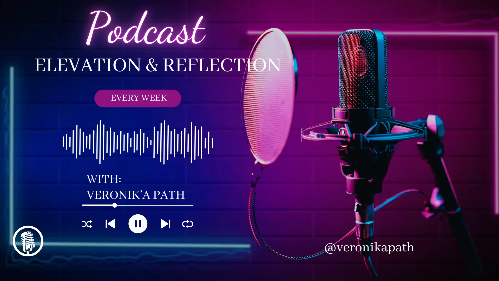 A professional podcast setup with a microphone and pop filter, illuminated by neon lighting, creating a vibrant and modern atmosphere.