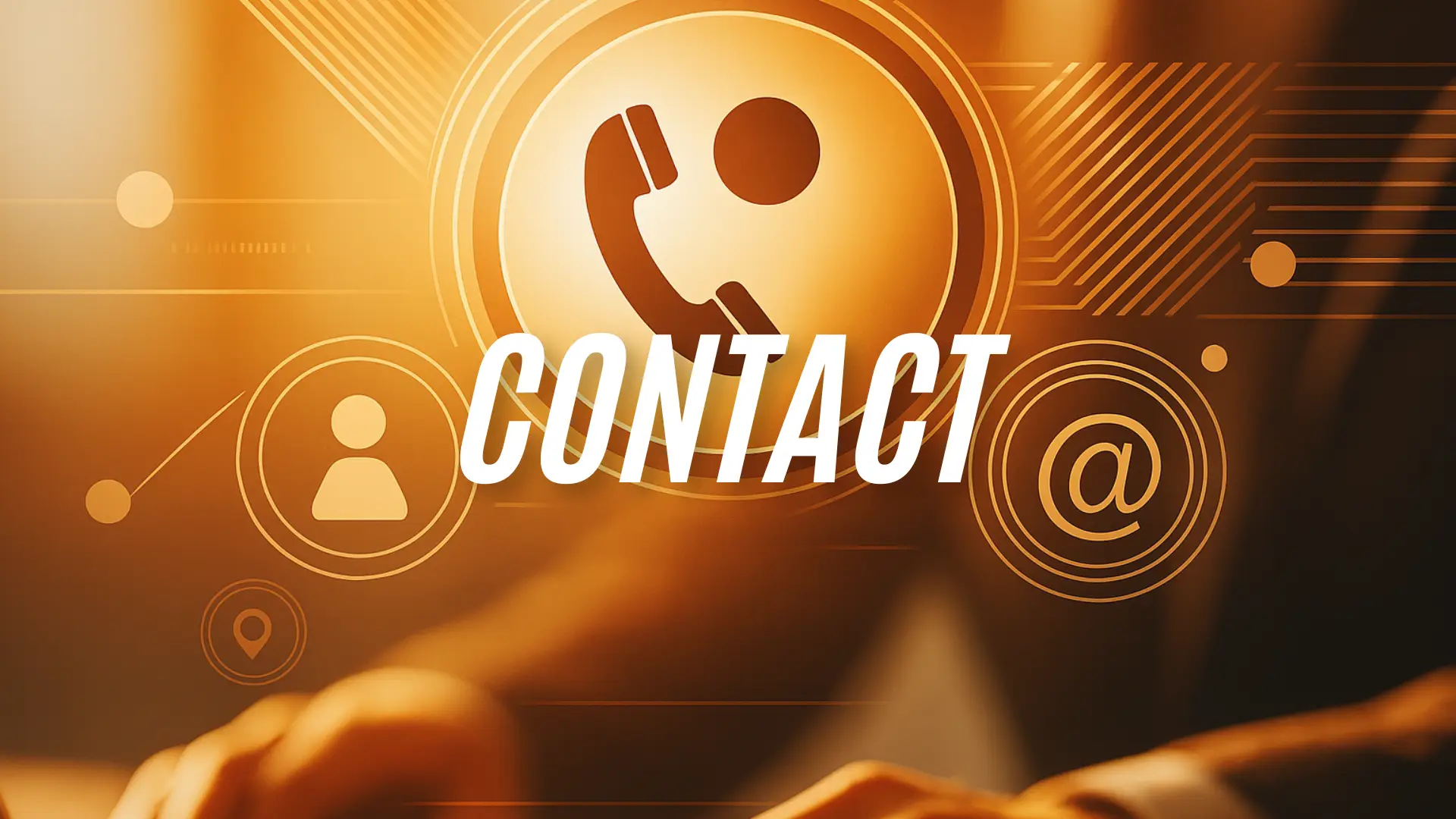 Centered text "CONTACT" over a warm-toned digital background with communication icons including a phone, email, and user profile.