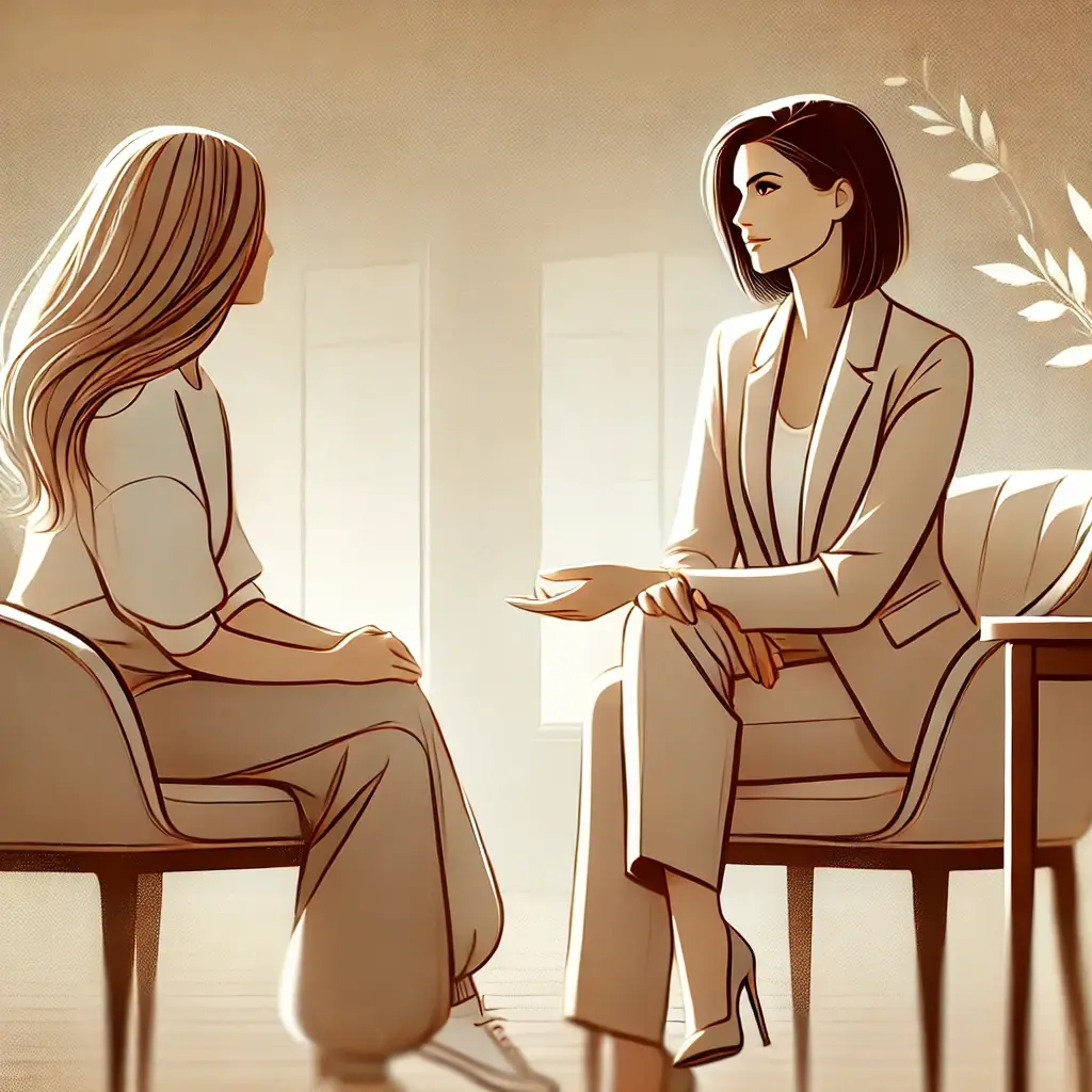 Illustration of a one-on-one coaching session between a professional coach and a client, in a calming and inspiring setting.