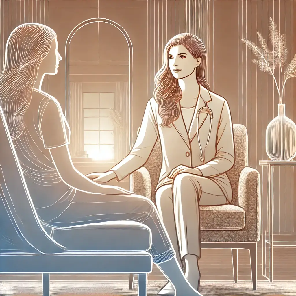 Illustration of a serene meditation session, where a professional meditation Master guides a client into deep relaxation and self-discovery.