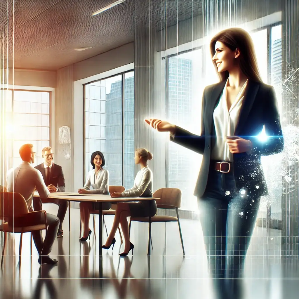 Illustration of a dynamic business coaching session in a modern office, where a confident coach guides professionals towards success.