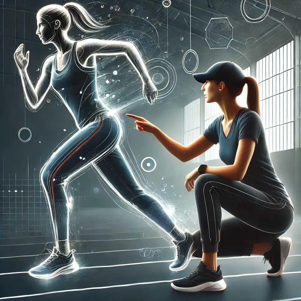 Illustration of an athletic performance coaching session, where a coach guides an athlete towards peak performance using futuristic training techniques.