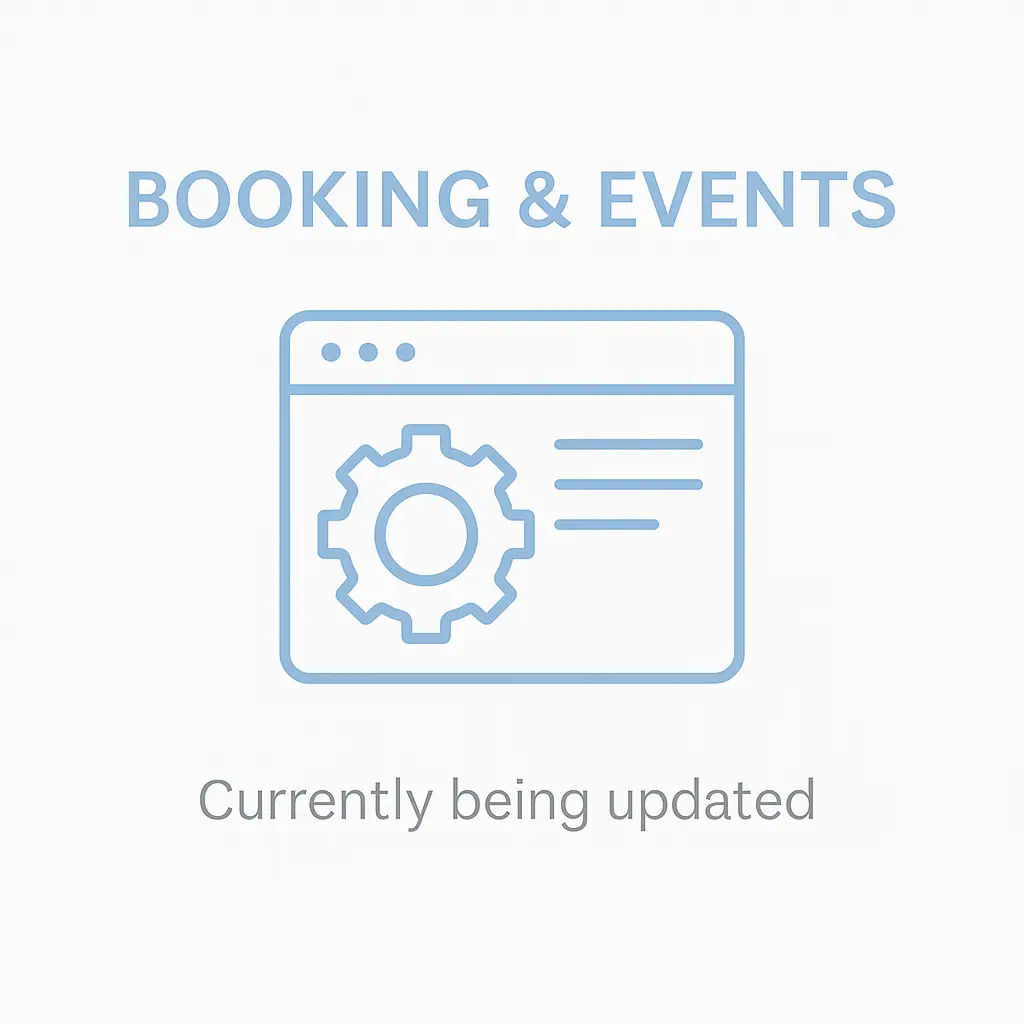 llustration of booking and events section under update with calendar and gear icons, message saying booking will be available soon.