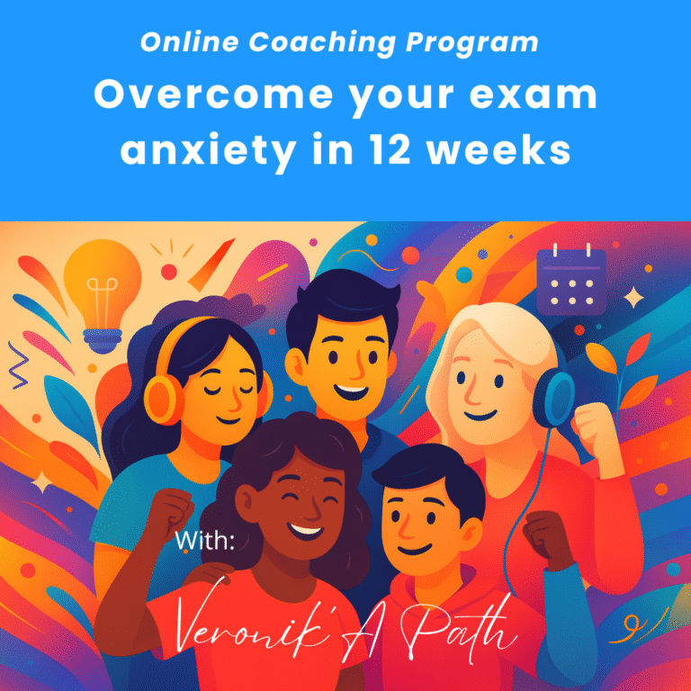 Online 12 Weeks program to overcome exam fear and stress, guided by Veronik’A Path – vibrant illustration of motivated and confident participants.
