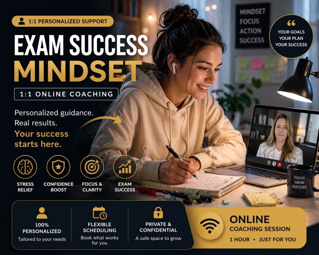 Student receiving 1-to-1 online coaching for exam success with a coach on video call, improving confidence, focus and reducing stress
