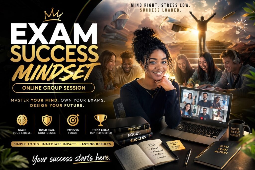 Online group coaching session helping students reduce exam stress, build confidence and improve focus for success